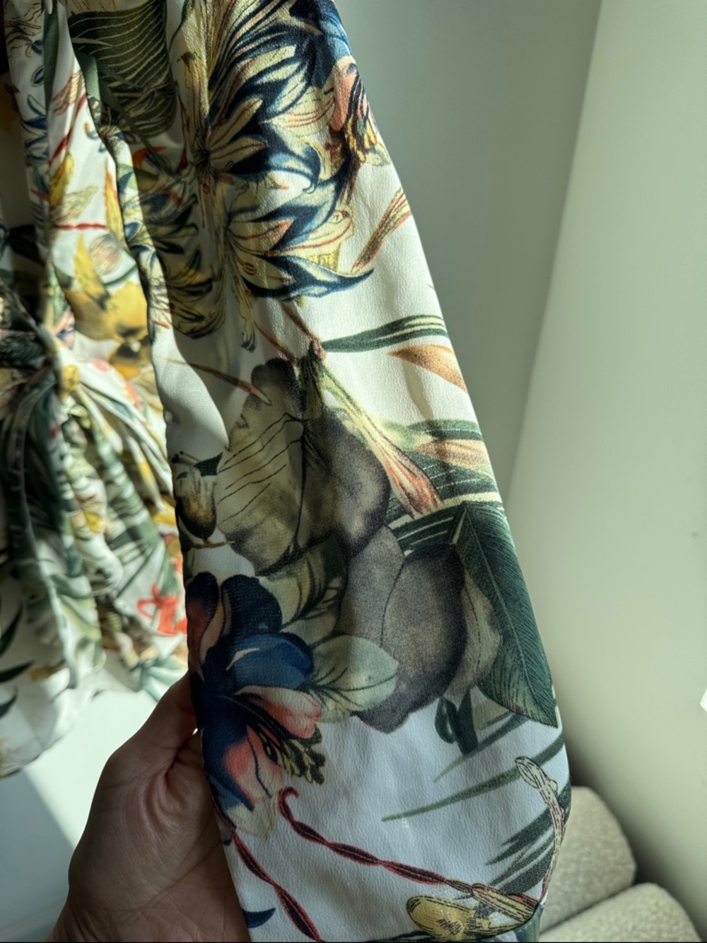 Vici Tropical Floral Wrap Dress in White, Green, Yellow - Picture 6 of 12
